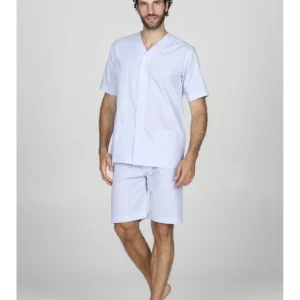 Short pajamas in pure cotton poplin-BLUE STRIPE