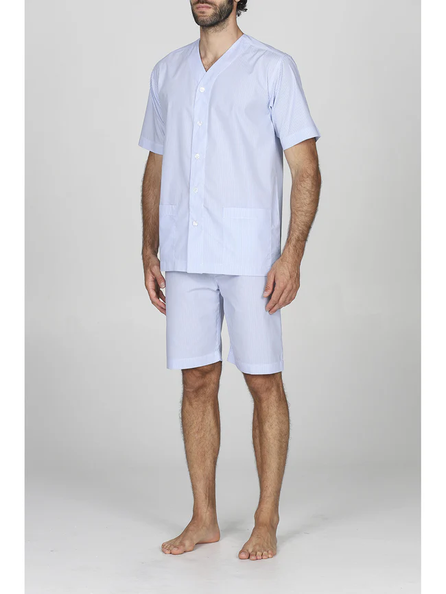 Short pajamas in pure cotton poplin-BLUE STRIPE - Image 4