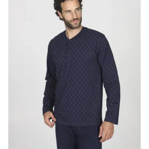 Long henley pyjamas in fresh 100% cotton jersey