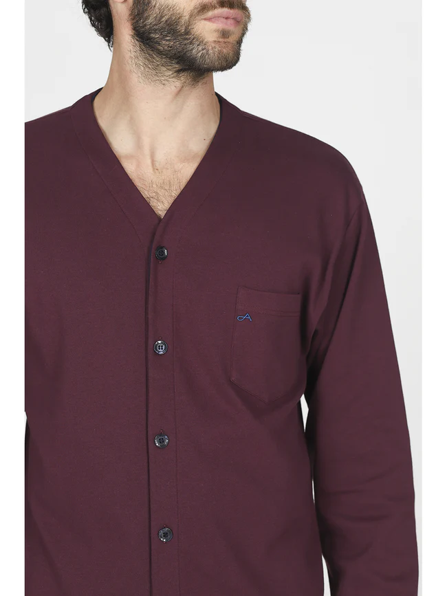 Permanent long cardigan pajamas-BORDEAUX/BLUE - Image 2