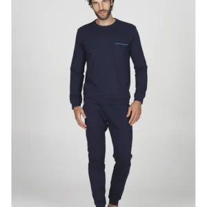 Long drawstring pyjamas in 100% cotton-BLUE