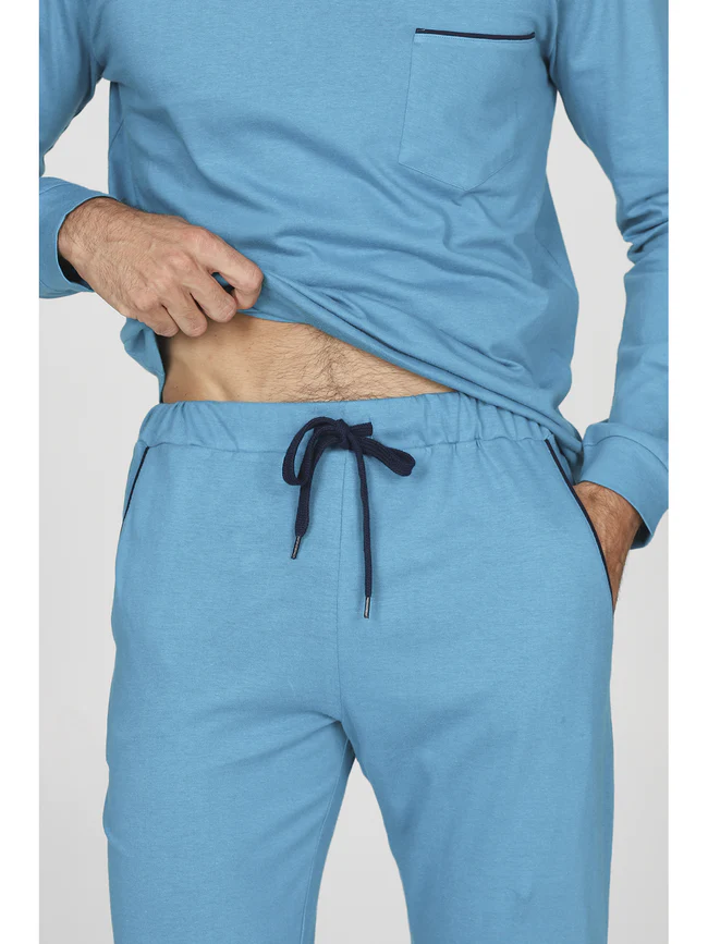 Long drawstring pyjamas in 100% cotton-TEAL - Image 2