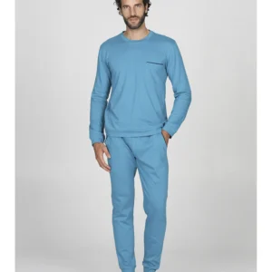 Long drawstring pyjamas in 100% cotton-TEAL