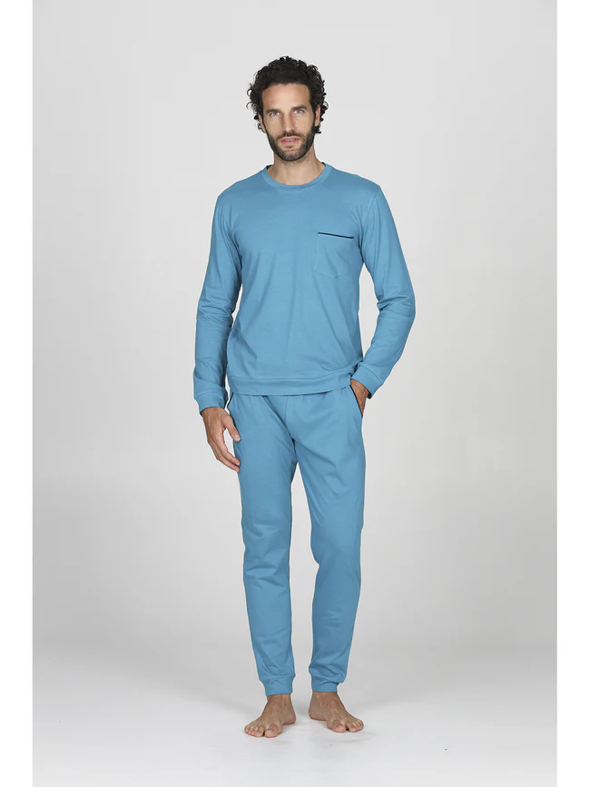 Long drawstring pyjamas in 100% cotton-TEAL - Image 3