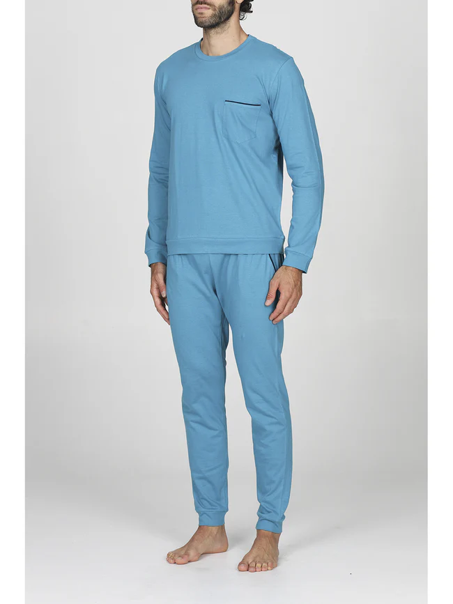 Long drawstring pyjamas in 100% cotton-TEAL - Image 4