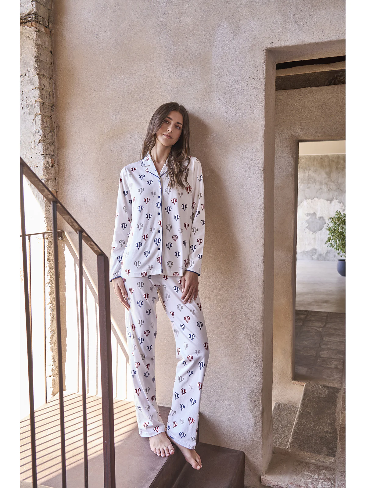 Women's Open Pyjama With Collar - LATTE/BLU - Image 5