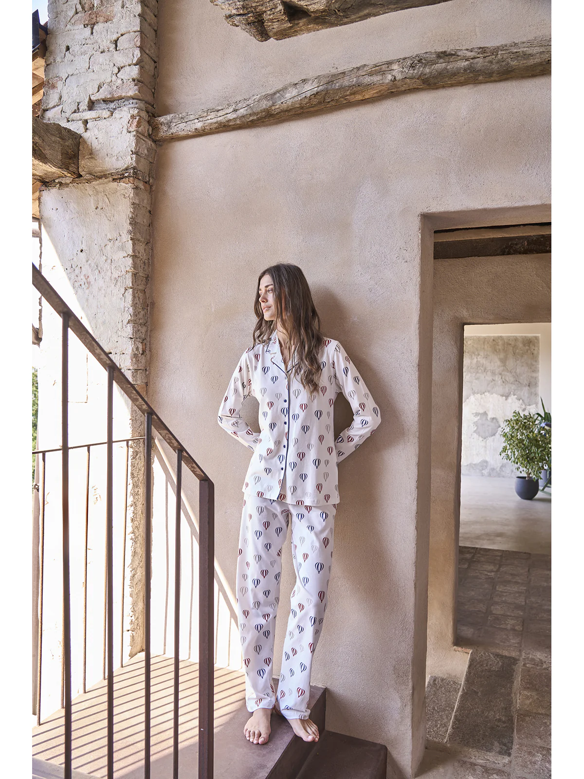 Women's Open Pyjama With Collar - LATTE/BLU - Image 4