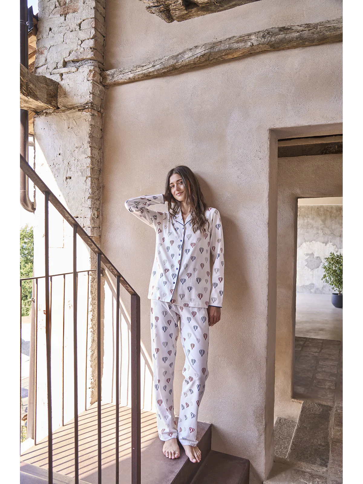 Women's Open Pyjama With Collar - LATTE/BLU - Image 3