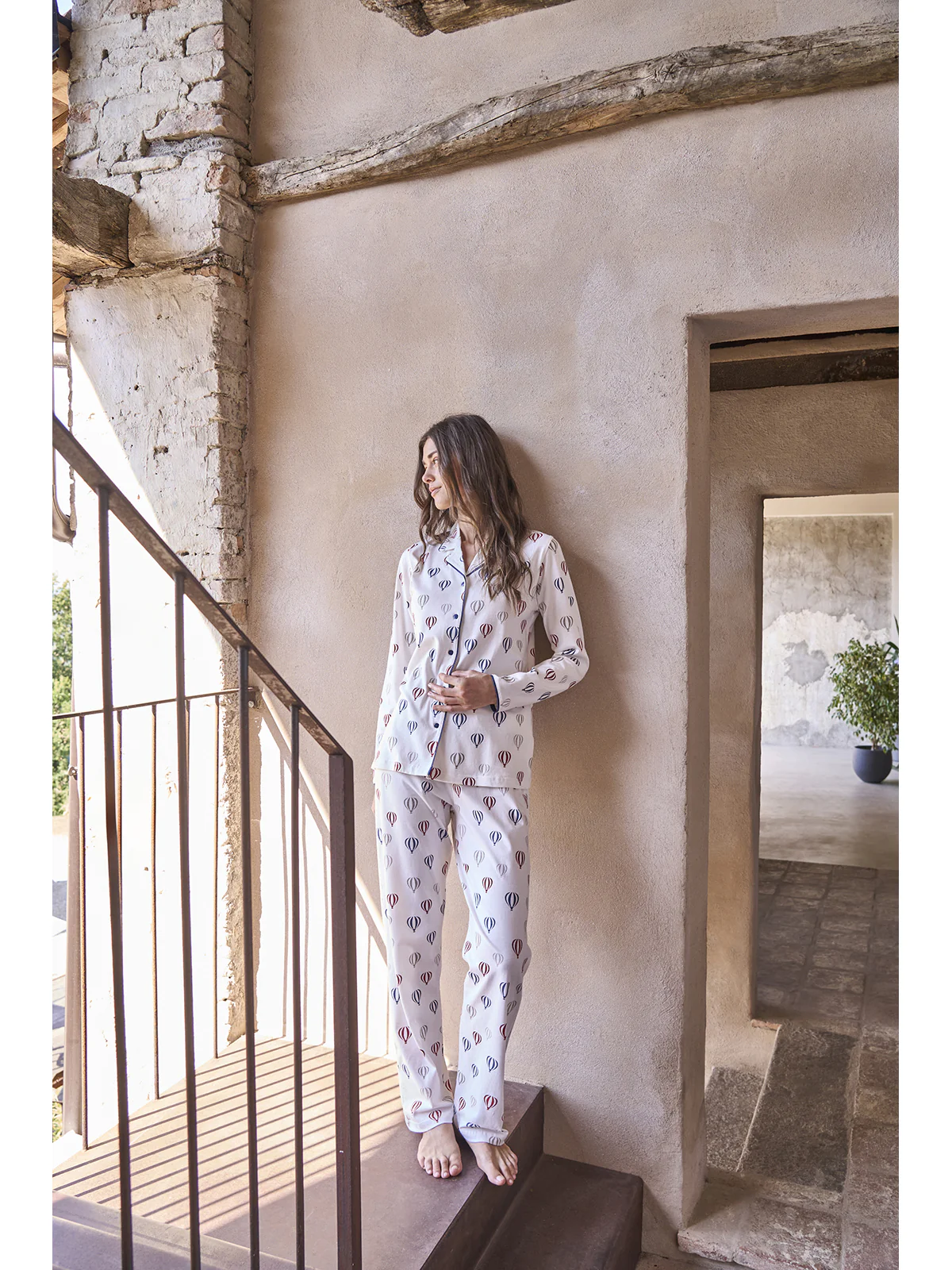 Women's Open Pyjama With Collar - LATTE/BLU - Image 2