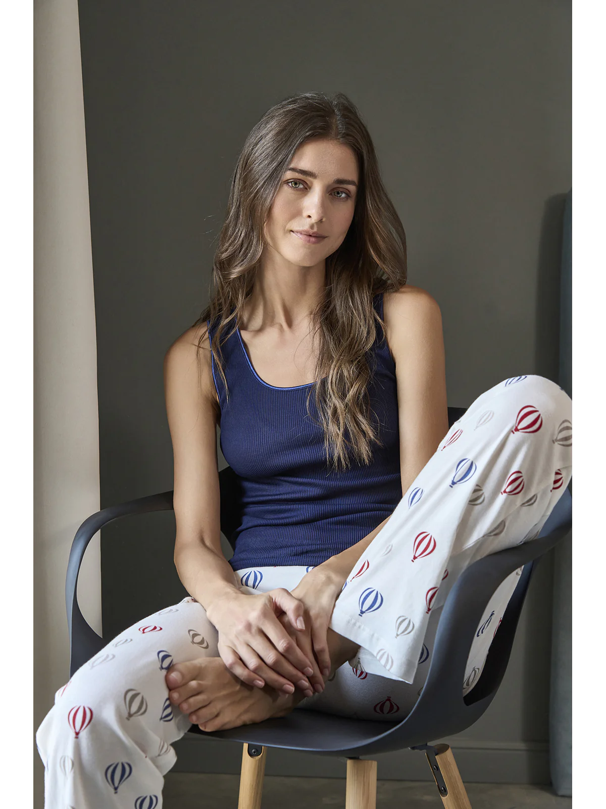 Women's Open Pyjama With Collar - LATTE/BLU - Image 10