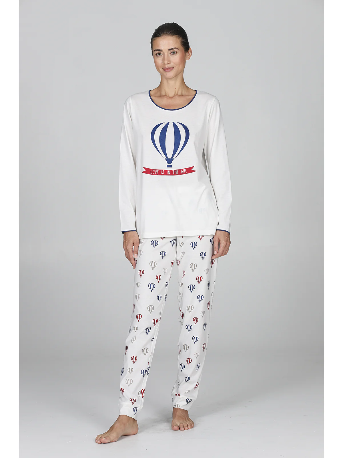 Women Long Pajama With Hot Air Balloon Print - LATTE/BLU - Image 4