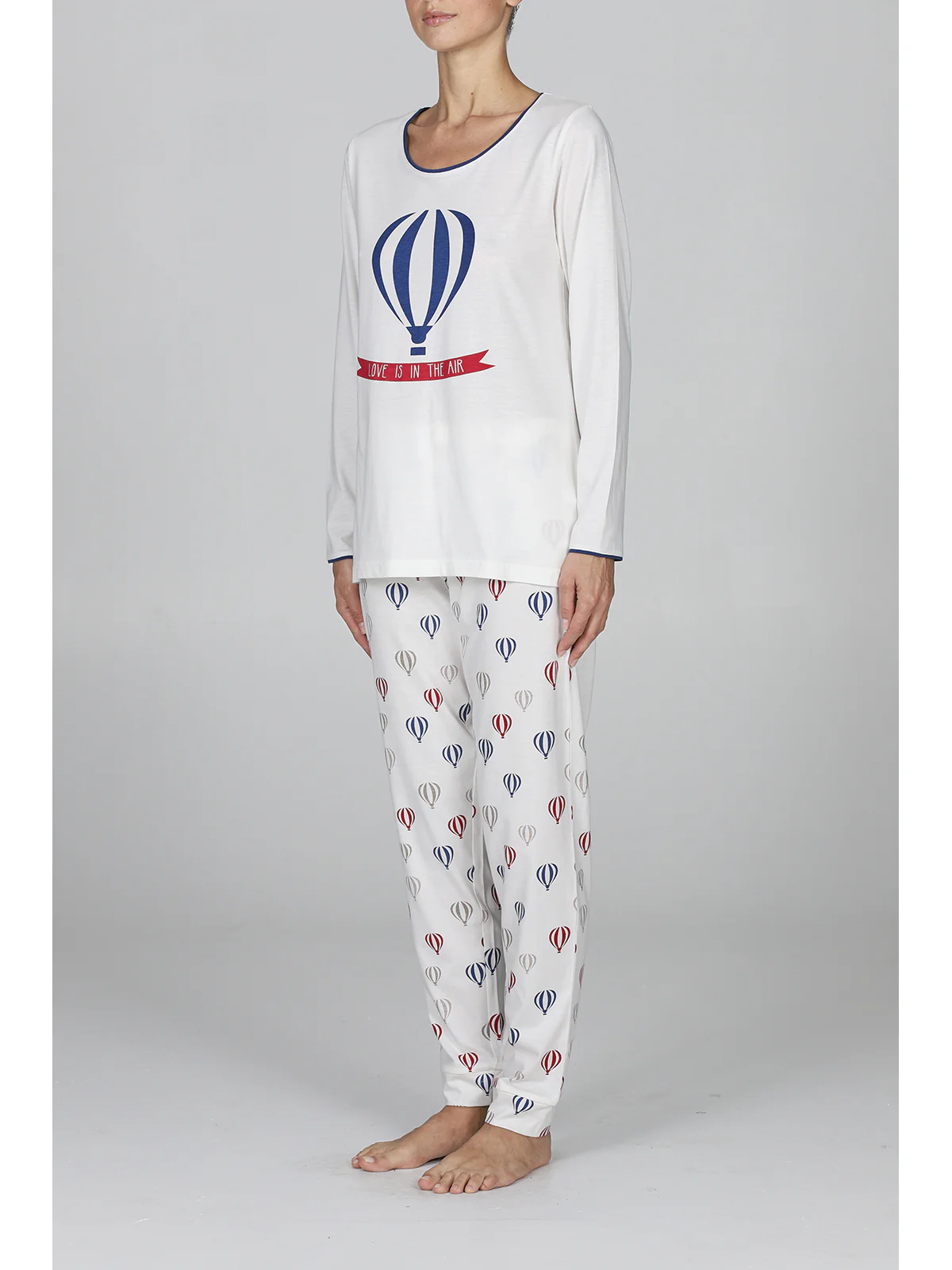 Women Long Pajama With Hot Air Balloon Print - LATTE/BLU - Image 3