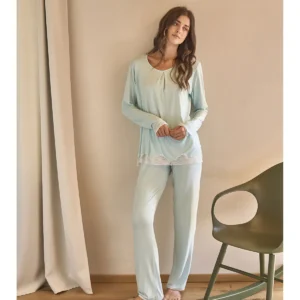 Soft Long Pajama For Women With Lace In Viscose - TURCHESE