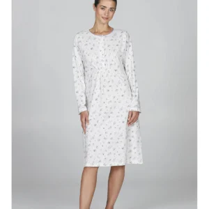 Long Sleeve Nightgown In Pure Cotton - LATTE/GRIGIO