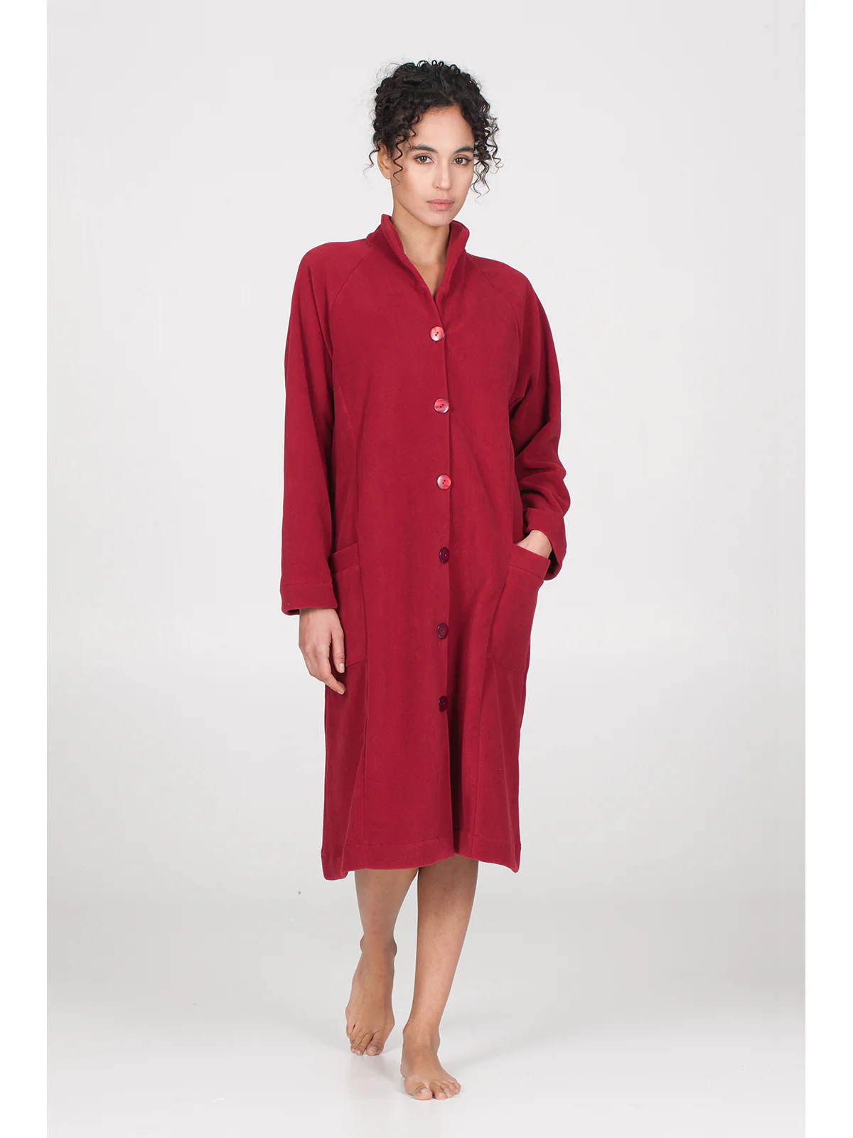 Buttoned Robe In Warm Fleece - BORDEAUX - Image 2