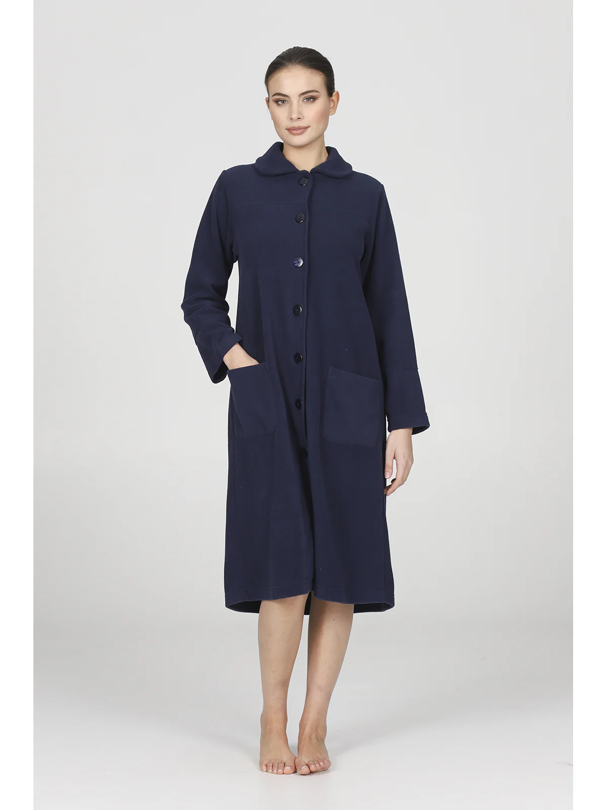 Buttoned Robe In Warm Fleece - BLUE - Image 7
