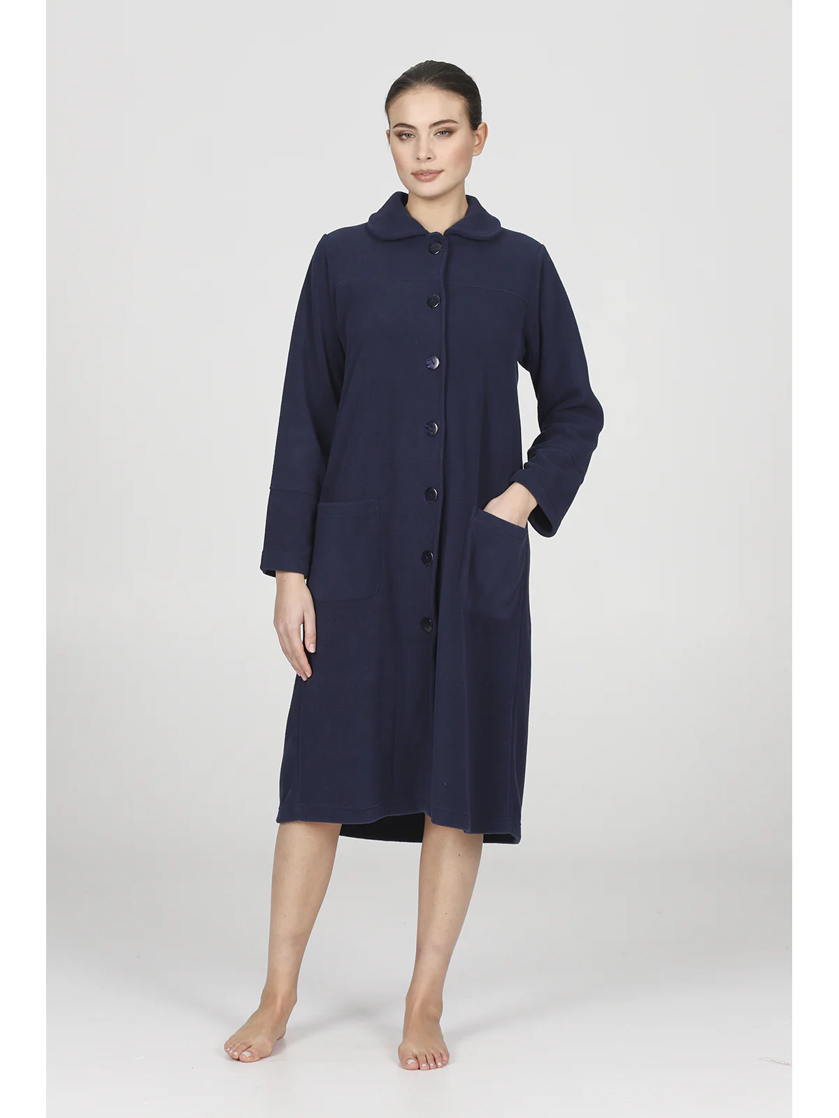 Buttoned Robe In Warm Fleece - BLUE - Image 6