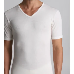 V-neck T-shirt In Wool, Silk And Cotton - White Lan