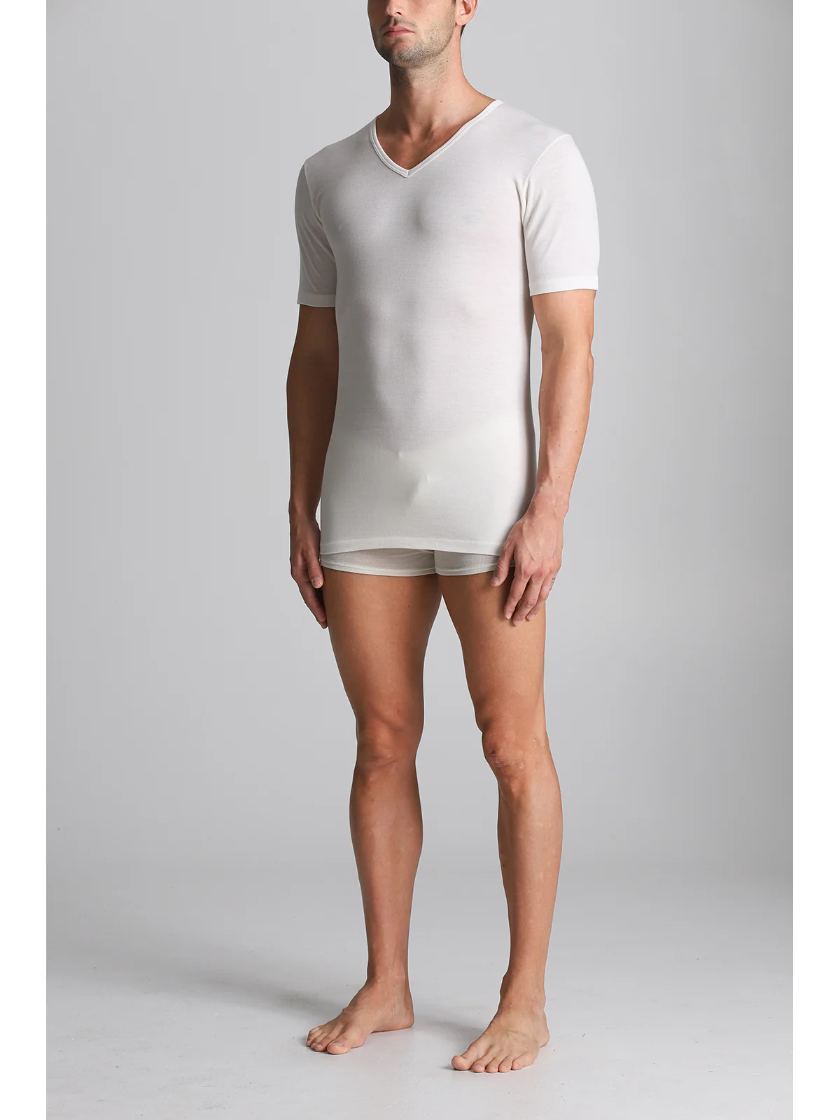 V-neck T-shirt In Wool, Silk And Cotton - White Lan - Image 2
