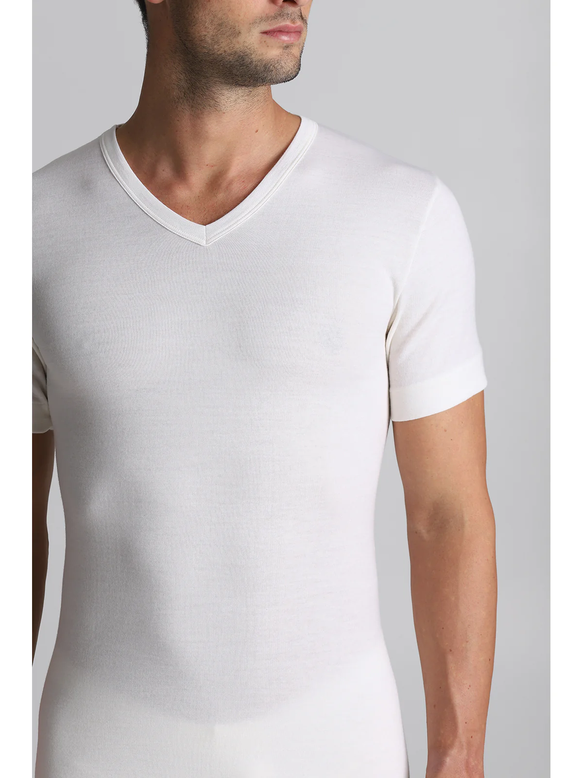 Wool And Cotton V-neck T-shirt - White Lan - Image 2