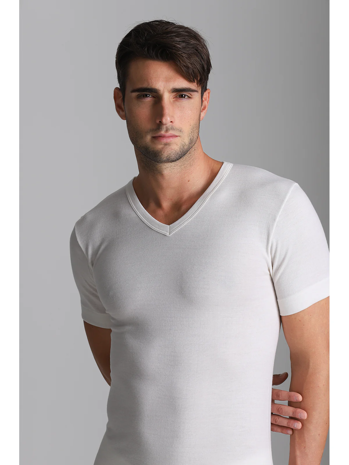 Wool And Cotton V-neck T-shirt - White Lan - Image 4
