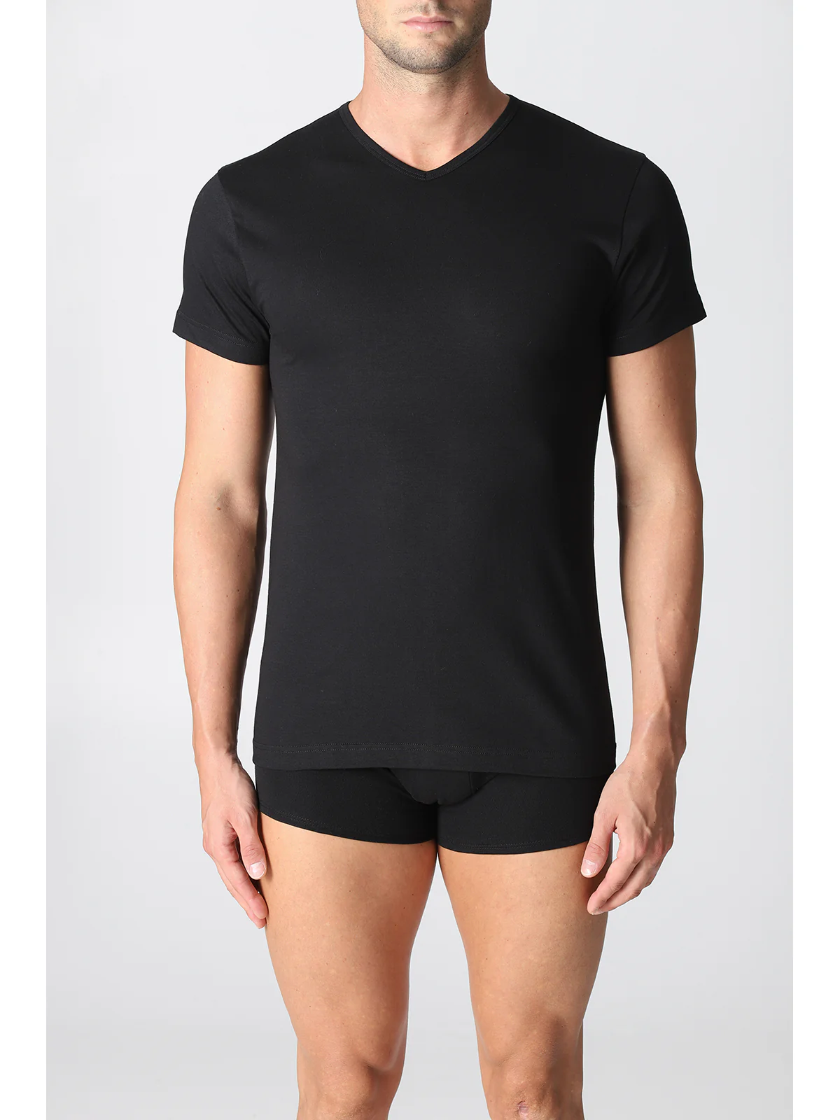 V-neck T-shirt In Pure Combed Cotton - Black - Image 2