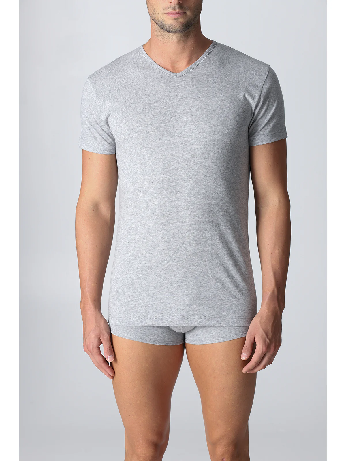 V-neck T-shirt In Pure Combed Cotton - Grey - Image 2