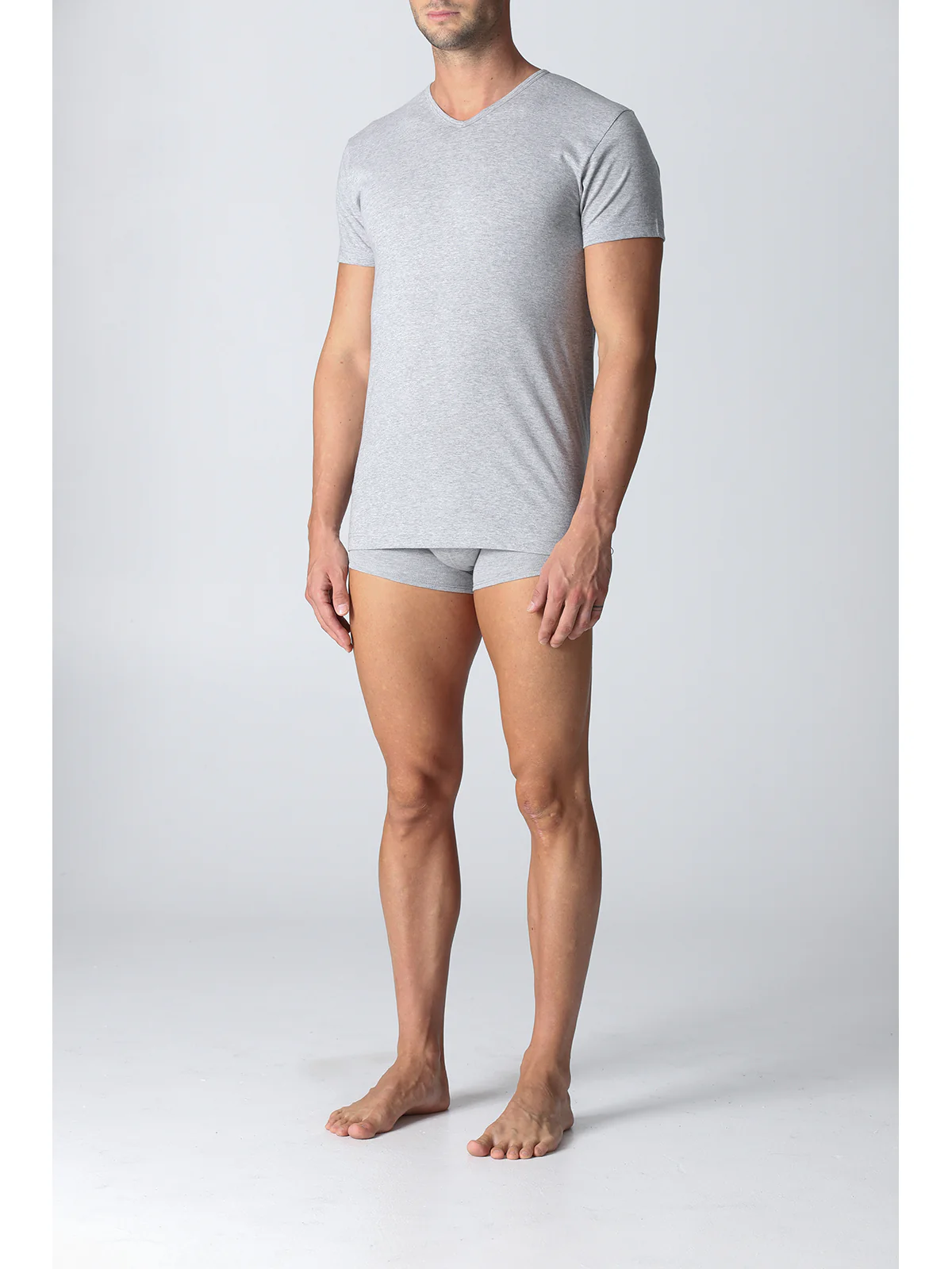 V-neck T-shirt In Pure Combed Cotton - Grey - Image 3