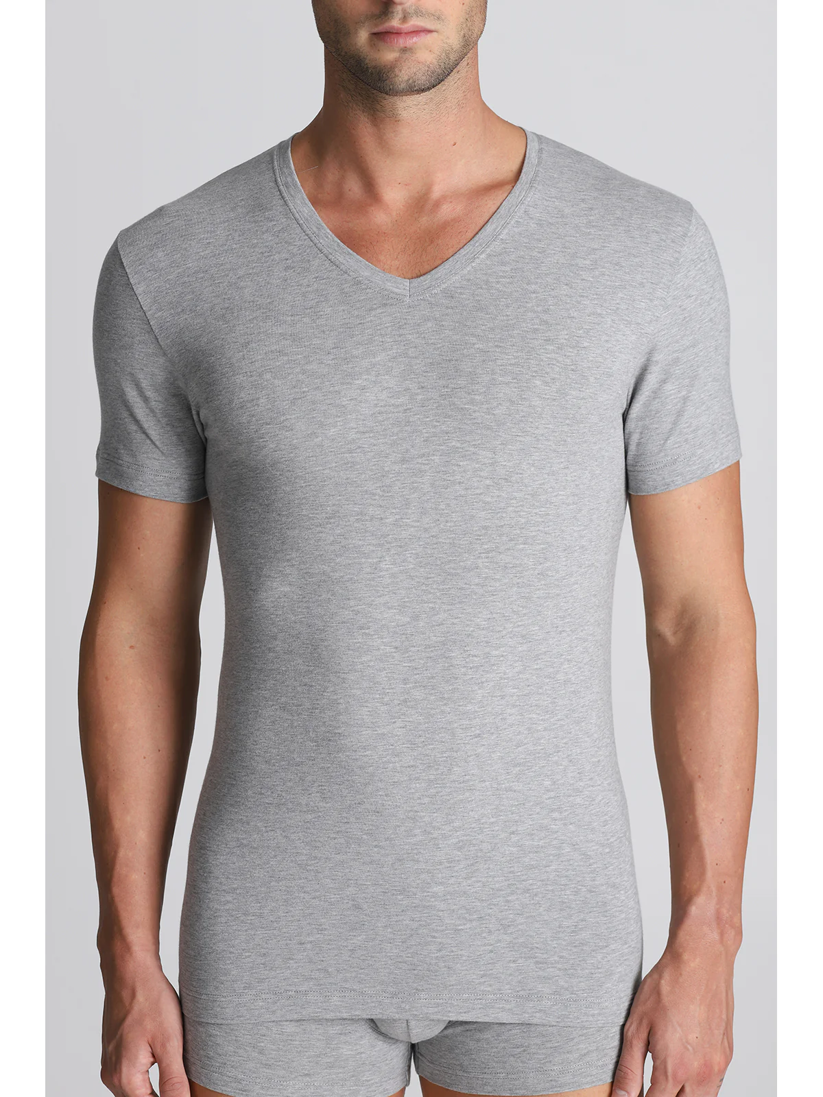 Stretch Cotton V-neck T-shirt - Grey Mel - Image 2