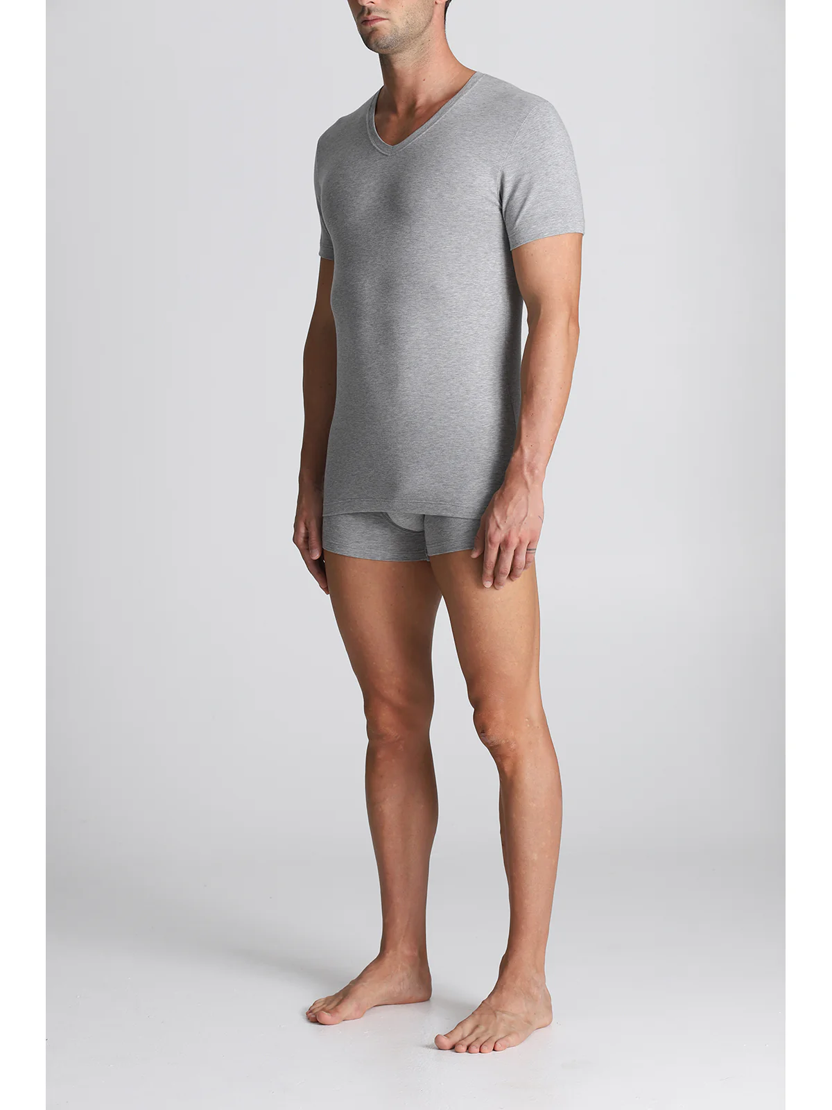 Stretch Cotton V-neck T-shirt - Grey Mel - Image 3