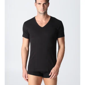 V-neck T-shirt In Pure Combed Cotton - Black