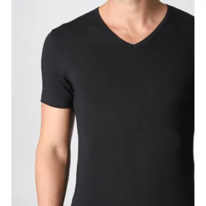 V-neck T-shirt In Warm Stretch Cotton - Black