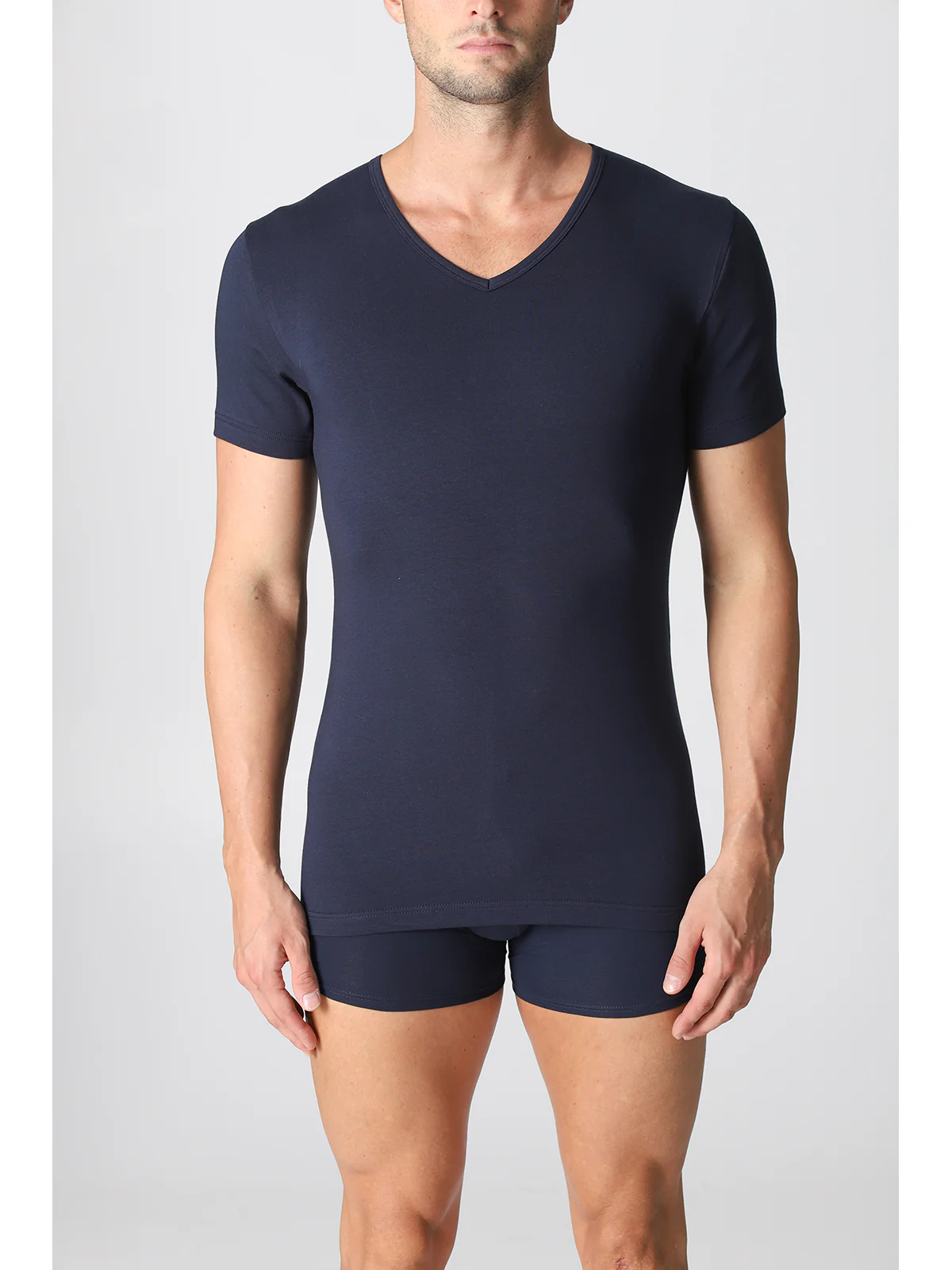V-neck T-shirt In Warm Stretch Cotton - Blue - Image 2
