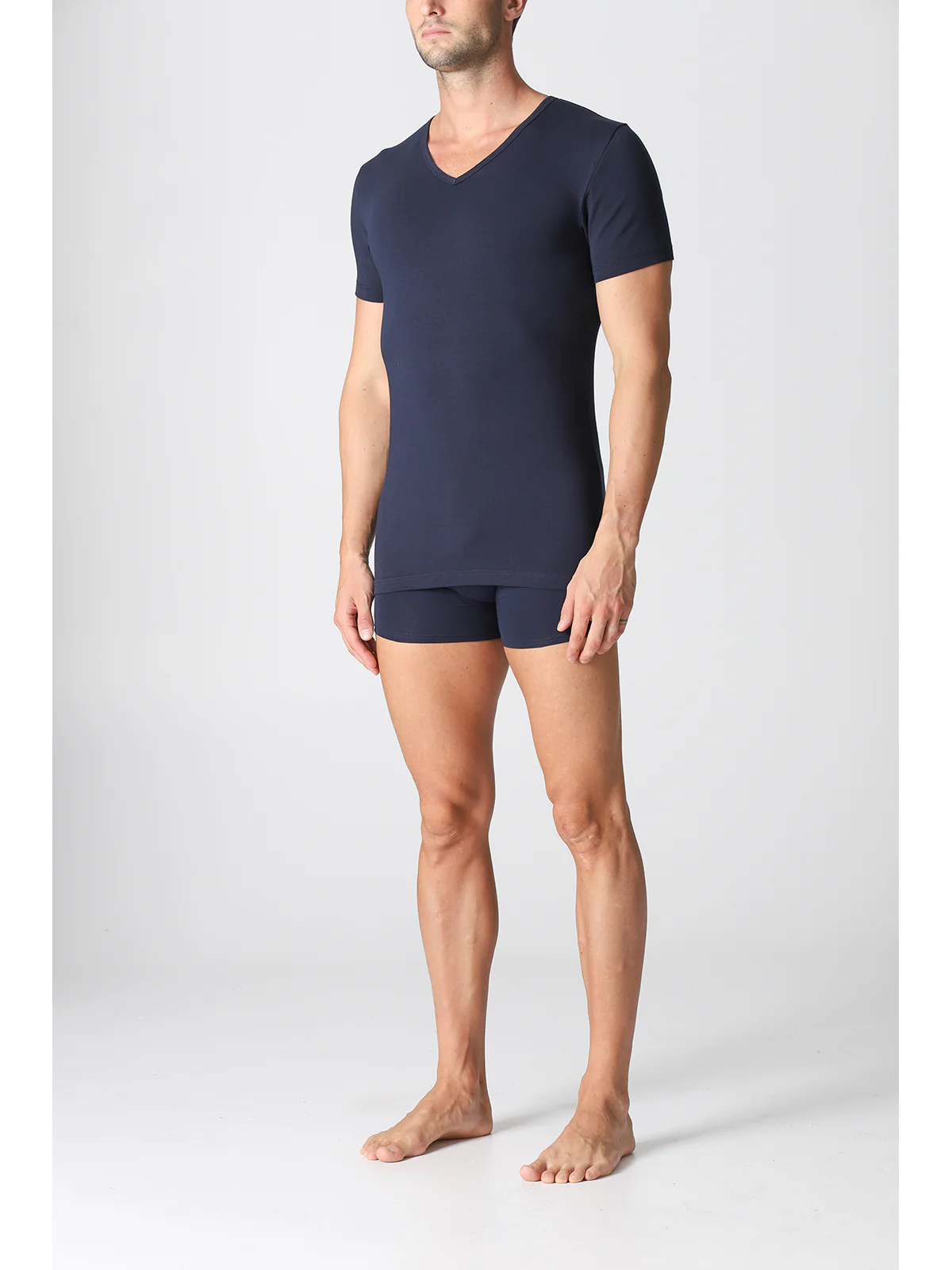 V-neck T-shirt In Warm Stretch Cotton - Blue - Image 3