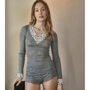 Lace V-Neck T-Shirt - MELANGE GREY